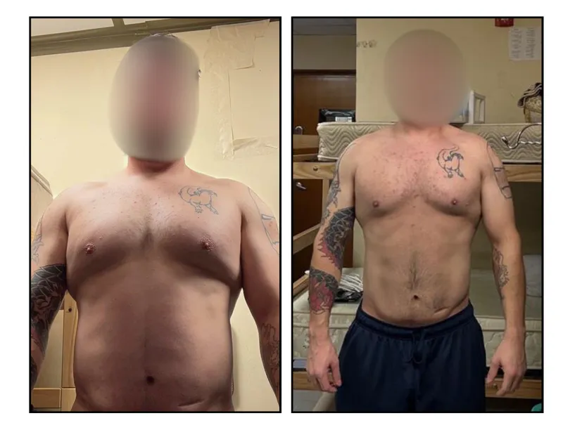Before and after photos of Adam, an HPHGenetics coaching client
