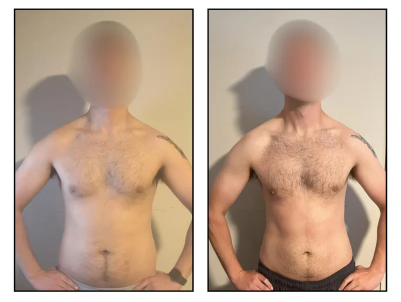 Before and after photos of Chase, an HPHGenetics coaching client