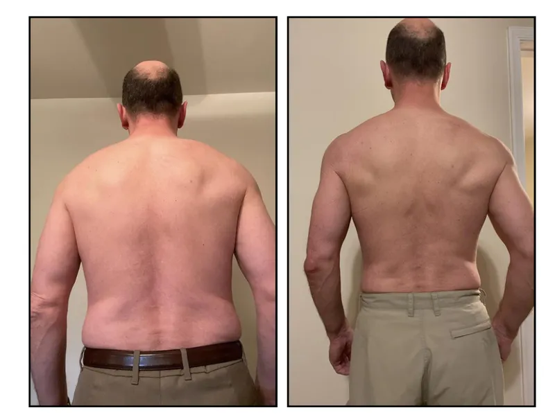 Before and after photos: An HPHGenetics client, full body recomposition at 57 years old