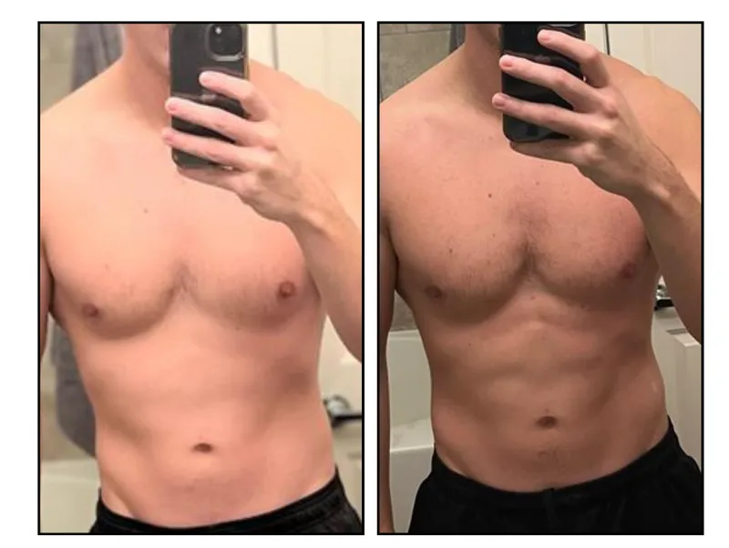 Before and after photos: An HPHGenetics client, cut fat and now has visible abs
