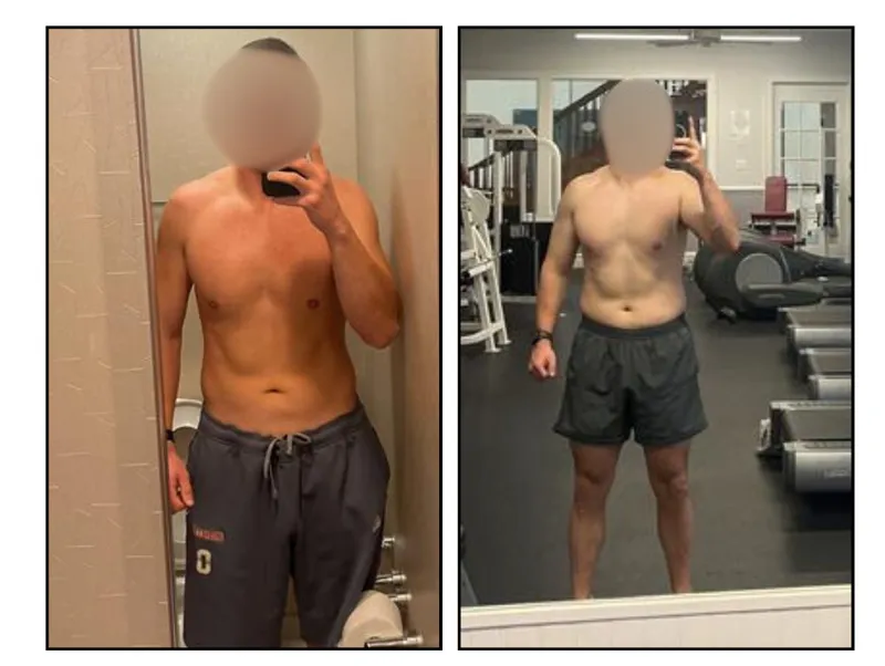 Before and after photos of Ian Farley, an HPHGenetics coaching client