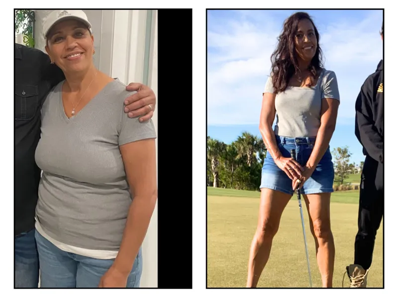 Before and after photos of Myriam R., an HPHGenetics coaching client
