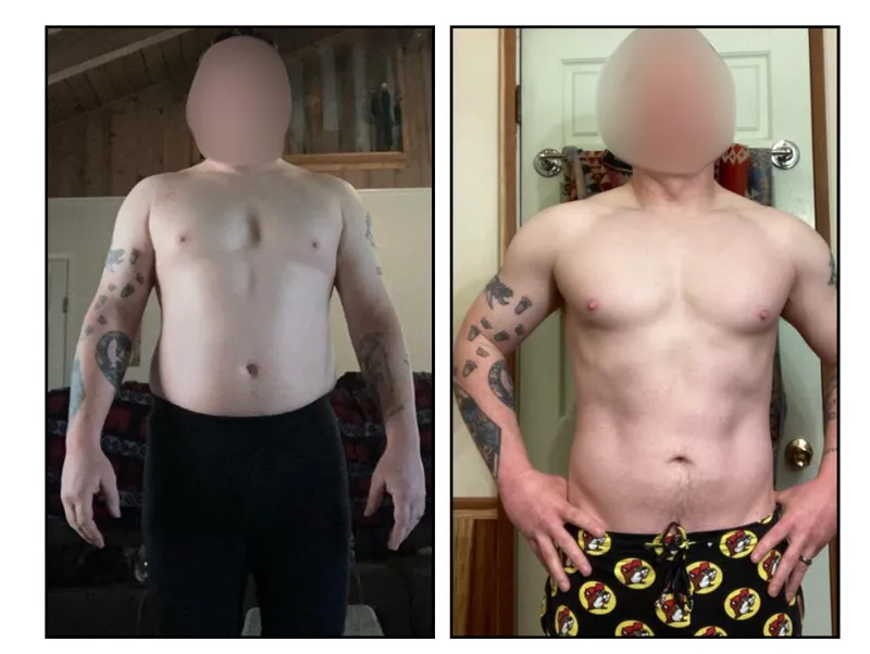 Before and after photos of Nathan Jones, an HPHGenetics coaching client