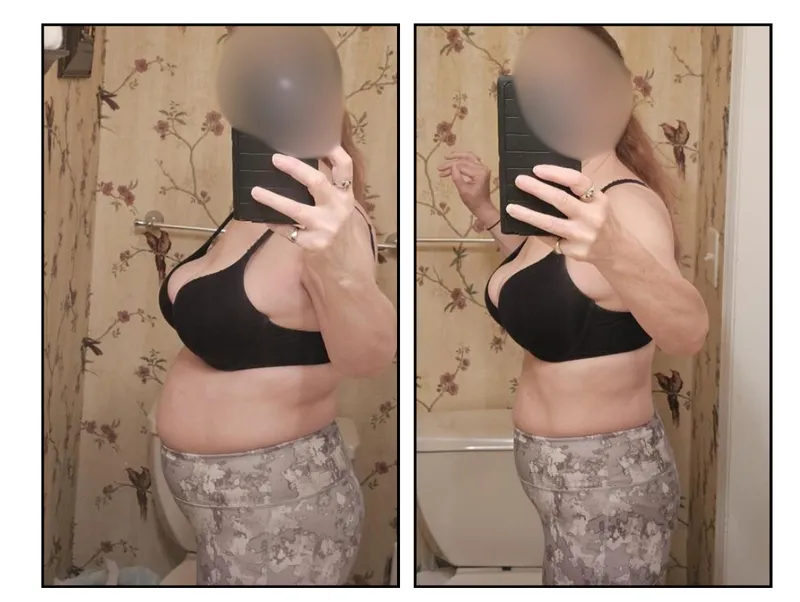 Before and after photos of Rikki Watts, an HPHGenetics coaching client