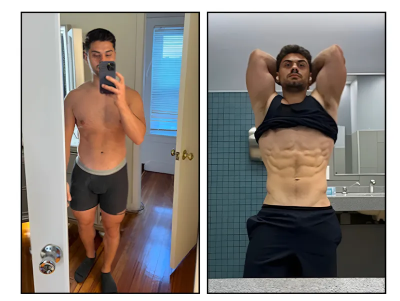 Before and after photos of Rocco, an HPHGenetics coaching client