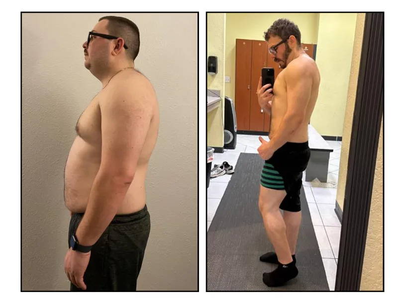 Before and after photos of Tristian, an HPHGenetics coaching client